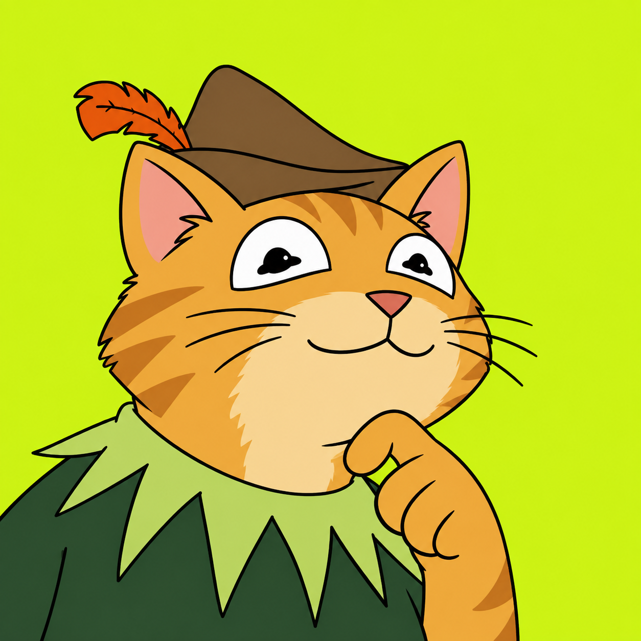 Robin the Cat thinking beneath his feathered hat
